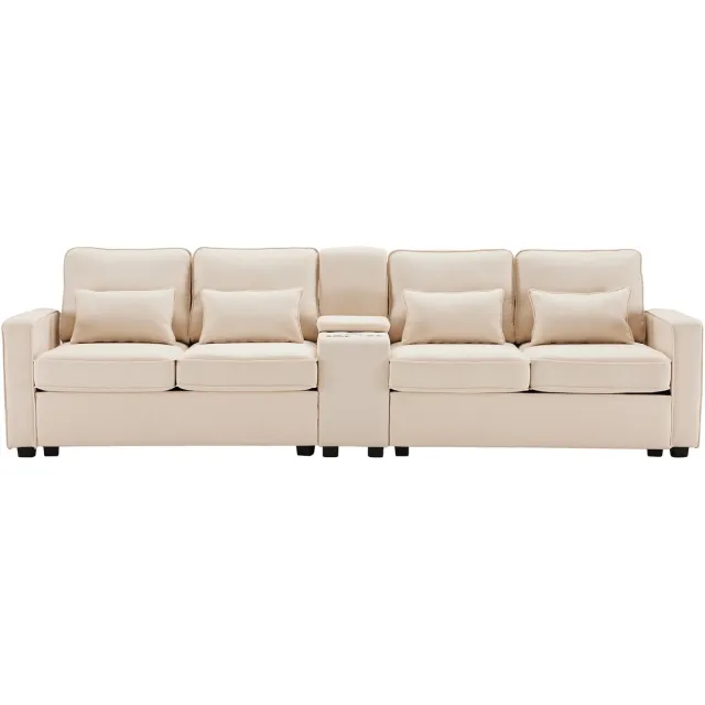 MEUBLE COSY 4-Zitsbank - 290cm Met console, bekerhouders en 4 kussens - Beige