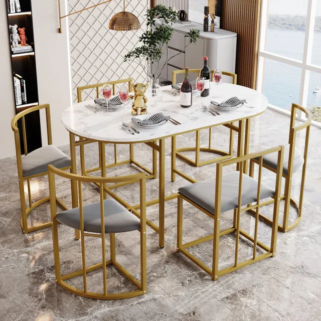 MODENUIT Eettafelset 7-delig - 6 Stoelen Met Rugleuning - Voor Eetkamer - MDF En IJzer - Wit, Grijs En Goud