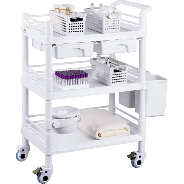 Vevor 3-Laags Laboratoriumwagen, Medicijnwagen, 3 Afvalbakken, Serveerwagen, Transportwagen wit
