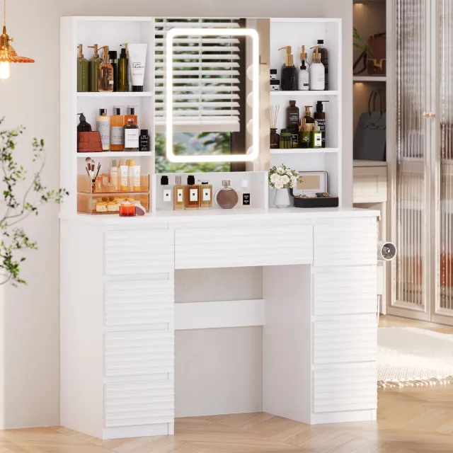 Devoko Kaptafel met Spiegel en LED Verlichting – 12 LED-Lichtpunten en 3 Lichtkleuren – 9 Laden met Geribbelde Fronten en Verborgen Spiegelopberging – 2 Stopcontacten, USB, USB-C en Föhnhouder – 108 × 40 × 146 cm – Wit