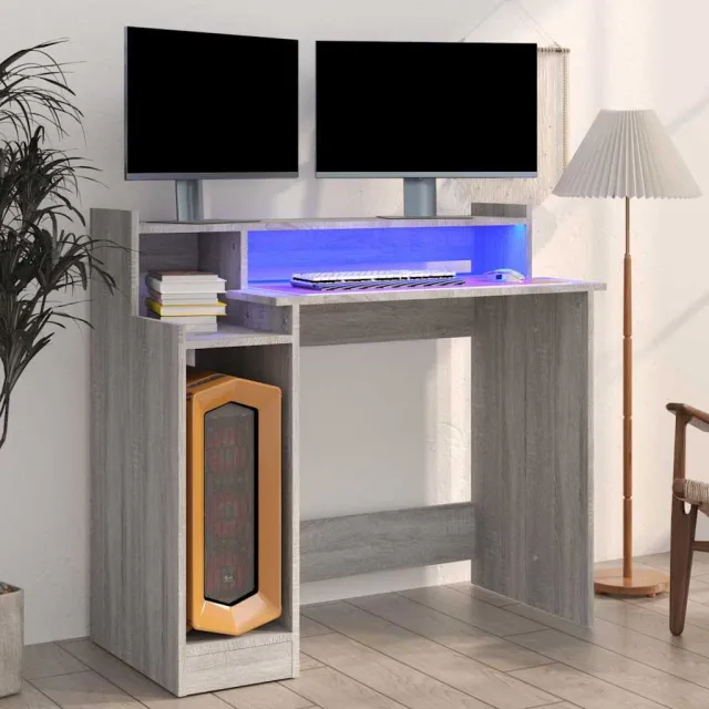 vidaXL Bureau met LED-verlichting 97x45x90 cm hout grijs sonoma eiken, foto 2