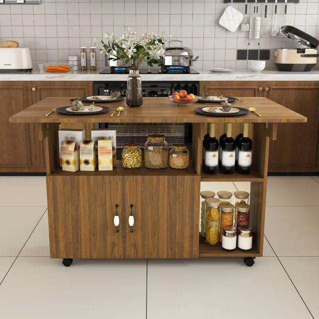 OKWISH Eettafel - Opklapbaar met 2 Tafelbladen - Verrijdbaar met Opbergruimte - Voor Keuken en Werkkamer - MDF in Walnootkleur - 110 x 70 x 80 cm