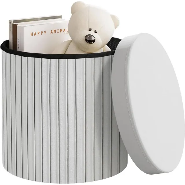 BukkitBow Ronde Compacte Opbergpoef – Poef / Zitkist met Deskel - Opvouwbare Poef - Voetenbank met Opbergruimte - 38x38x36 cm - Grijs