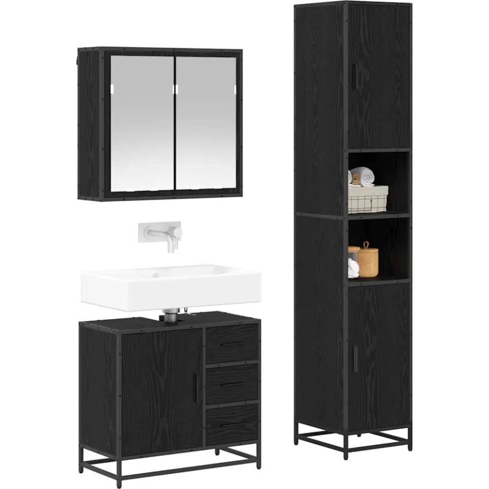 vidaXL Badkamermeubelset 3 st Zwart Eiken 65 x 33 x 60 cm Bewerkt hout