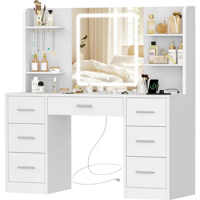 Sierra , Kaptafel met verlichting, instelbare helderheid, kaptafel met spiegel en stopcontact, make-uptafel met 7 lades, 4 planken en 5 haken, moderne dressoir, wit