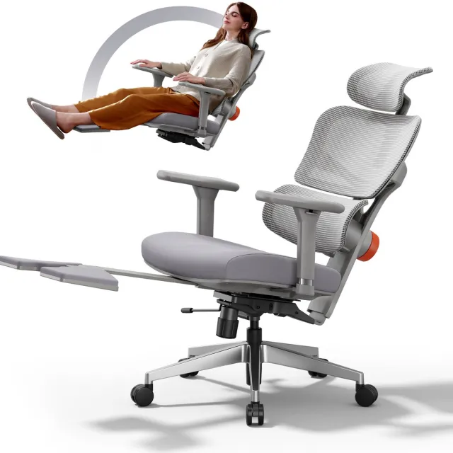 Newtral NT002 Ergonomische Bureaustoel – Voetsteun, Hoge Rugleuning, Adaptieve Lendensteun, 4D Armleuningen, Kantelfunctie 96°-136° – Grijs