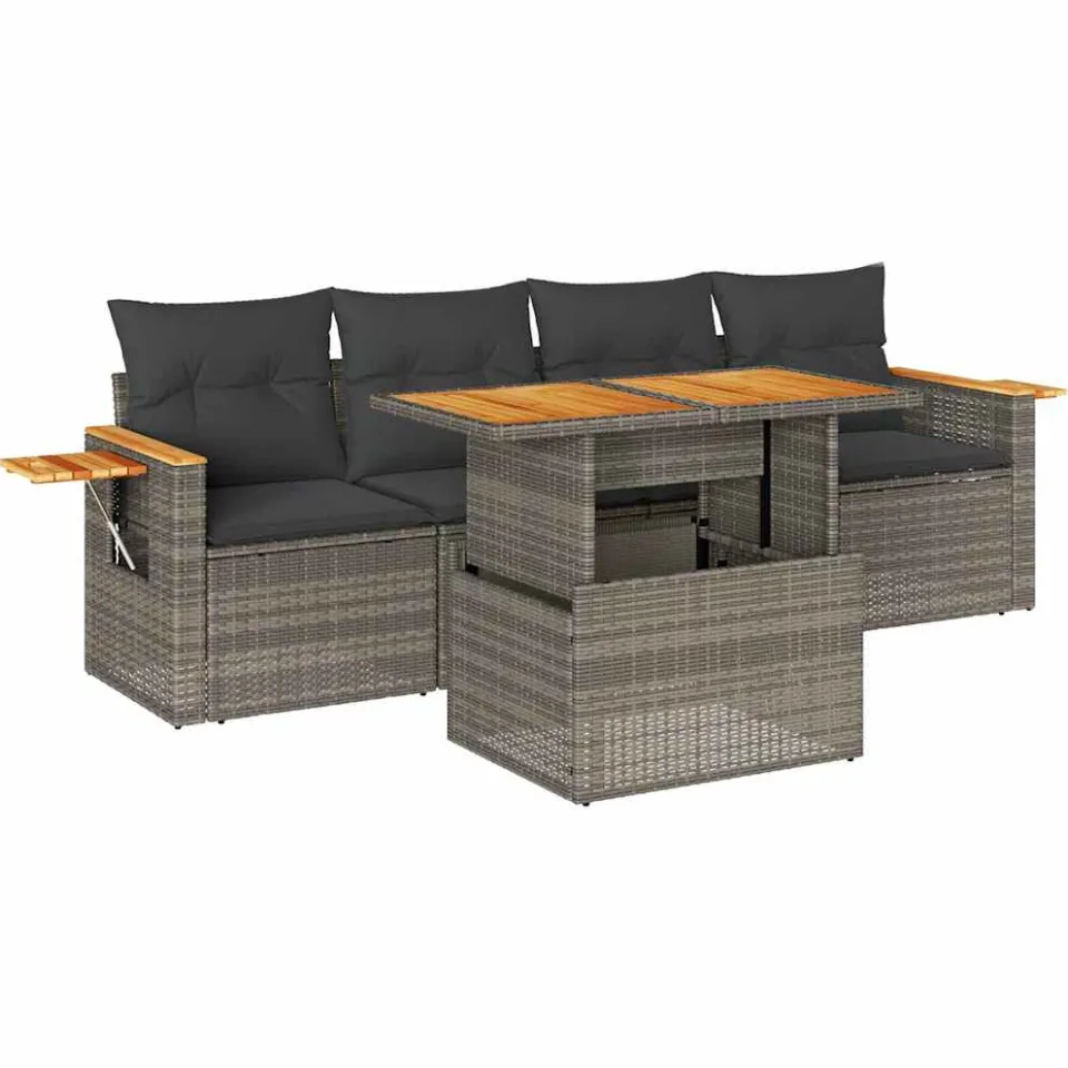 vidaXL 5-delige Loungeset met kussens poly rattan acacia grijs, foto 3