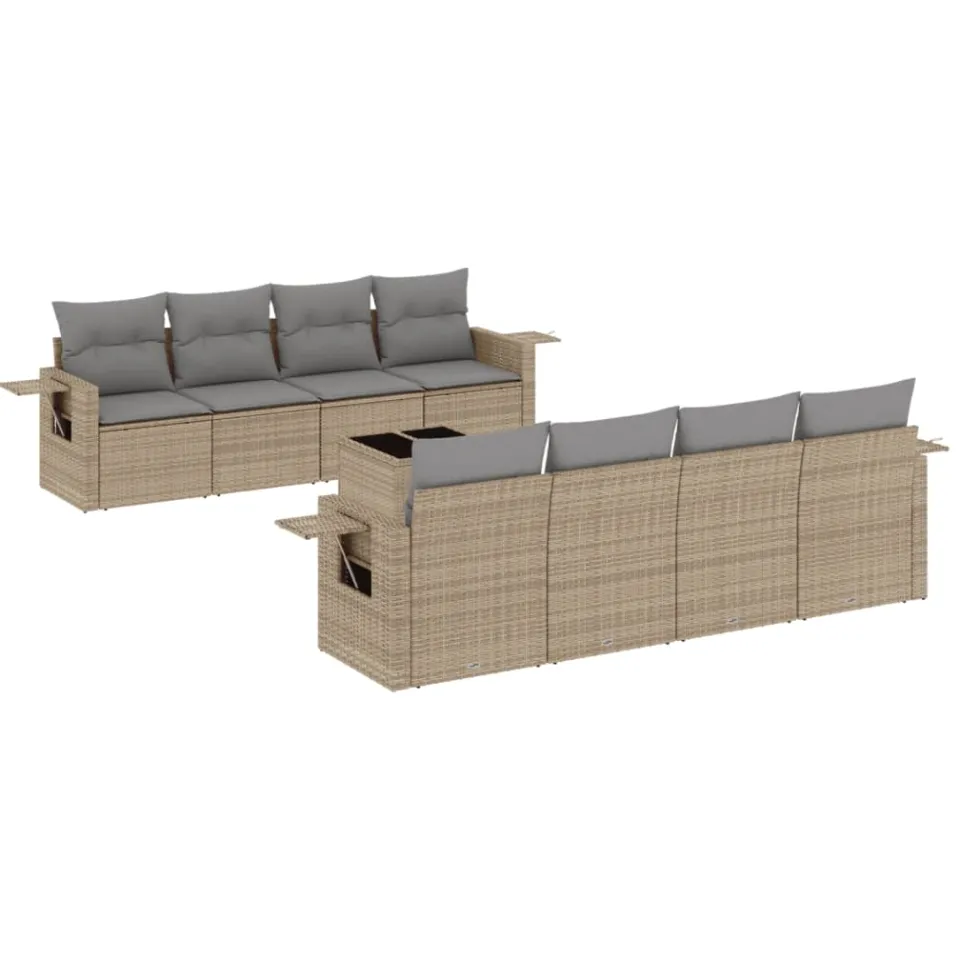 vidaXL 9-delige Loungeset met kussens poly rattan beige