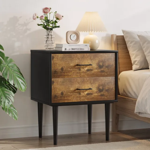 COVREO Bedtafel 51x38x66 cm - antiek bruin, MDF, 2 lades en opbergruimte
