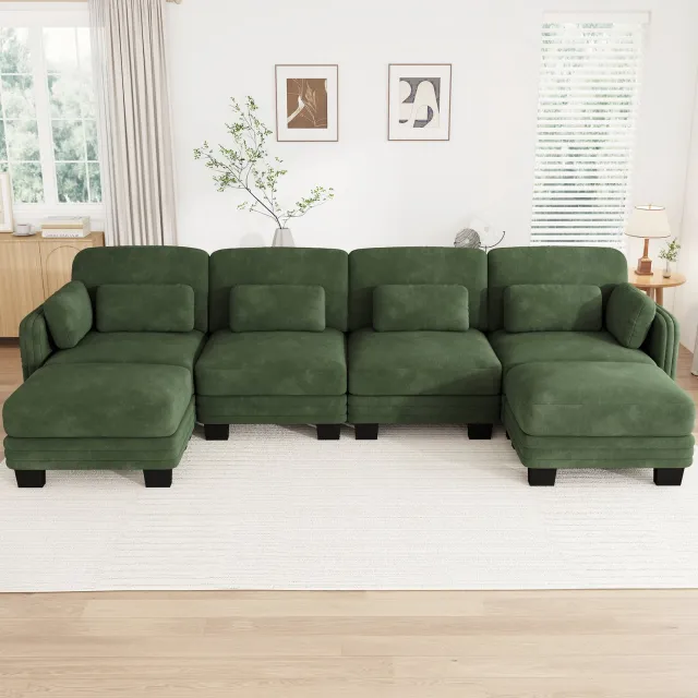 MIVRAY U-bank 330 x 143 x 88 cm - Modulaire 4-zitsbank met 2 Hockers en Verplaatsbare Kussens - Voor Woonkamer en Appartement - Chenille Groen
