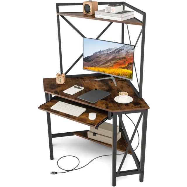 Costway Bureau met laadstation, hoekcomputertafel met toetsenbordplank en 2 planken, metalen frame, werktafel voor thuiskantoor, 80 x 80 x 145 cm, vintage