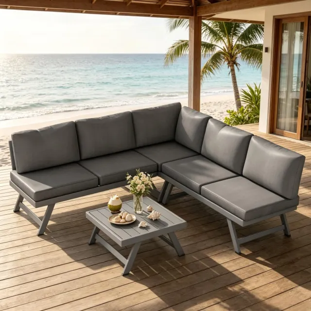 FloraGrace Hoek Loungeset 5 Zitplaatsen Inclusief Tafel En Kussens Voor Tuin Terras En Patio Aluminium Metaal Polyester Katoen Grijs