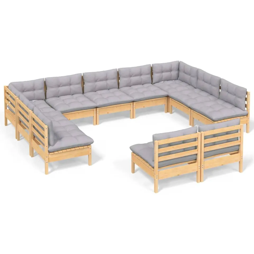 vidaXL 11-delige Loungeset met grijze kussens massief grenenhout Grijs