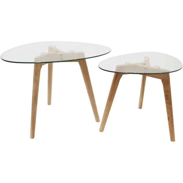 MISOU Bijzettafels - Set van 2 Koffietafeltjes - Driehoek - Glas - Hout - Bruin - CLARA