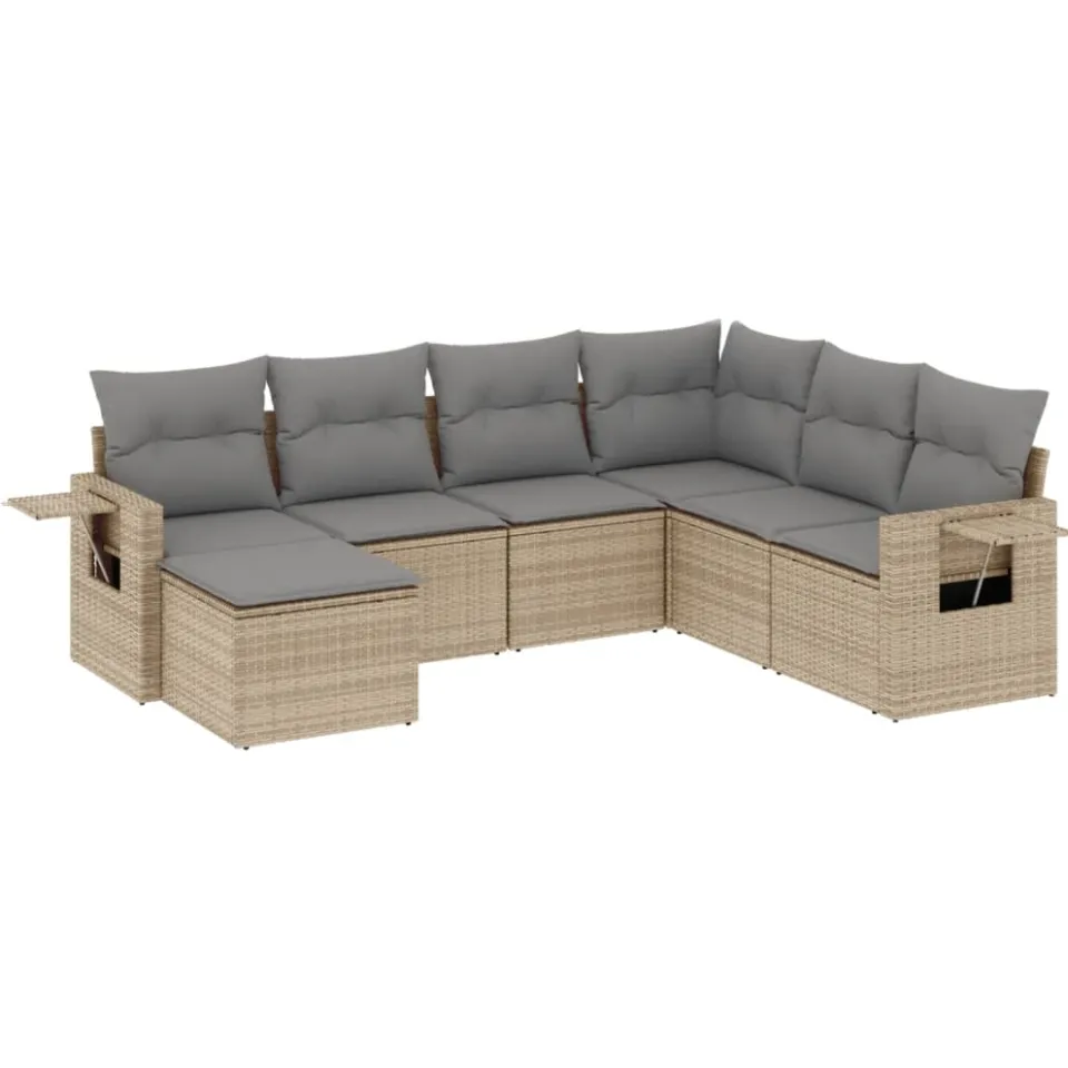 vidaXL 7-delige Loungeset met kussens poly rattan beige, foto 3