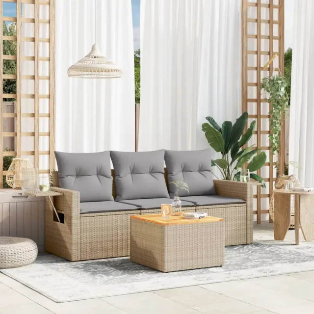 vidaXL 4-delige Loungeset met kussens poly rattan gemengd beige, foto 2