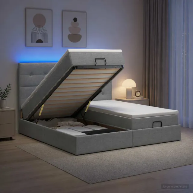 vidaXL Ottoman Bed met Matrassen en LED Lichtgrijs 200 x 200 cm Stof