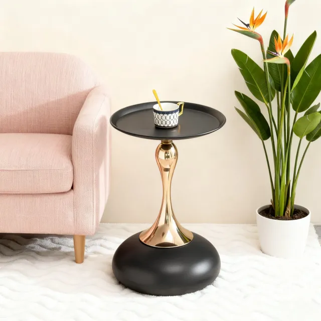 HAUSS SPOLE Bijzettafel - Ronde Metalen Tafel Met Blad En Stevige Voet - Voor Woonkamer Slaapkamer En Balkon - Koolstofstaal - 38 x 54 Cm - Zwart Goud