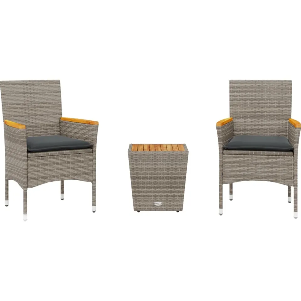 vidaXL 3-delige Bistroset met kussens poly rattan en glas grijs, foto 3