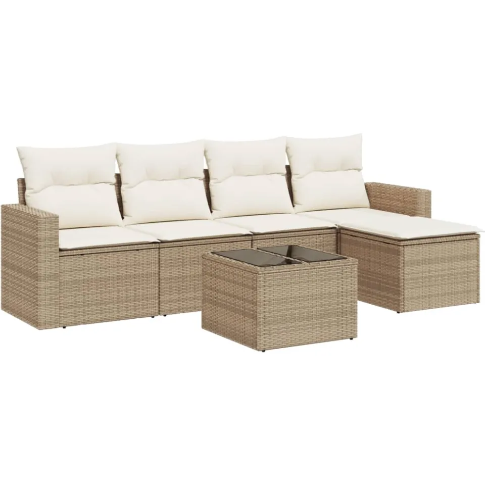 vidaXL 6-delige Loungeset met kussens poly rattan beige, foto 3