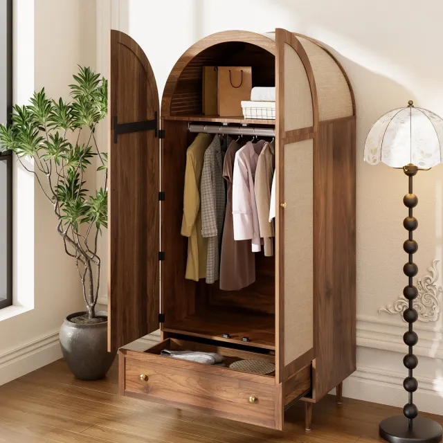 MODENUIT Kledingkast - Met Stoffen Deuren En Lade - Voor Slaapkamer En Logeerkamer - MDF Houtkleur - 79x50x175 Cm Natuurlijk