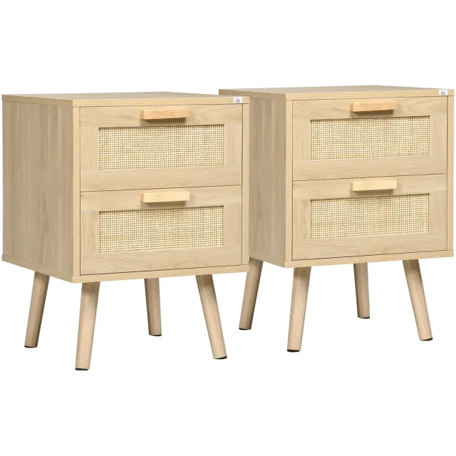 Lunpog Set van 2 nachtkastjes Vintage lade, met natuurlijk rieten effect, Boheemse stijl 40 x 40 x 56 cm, natuurlijke houtkleur Bois naturel