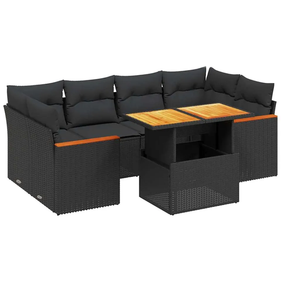 vidaXL 7-delige Loungeset met kussens poly rattan zwart, foto 3
