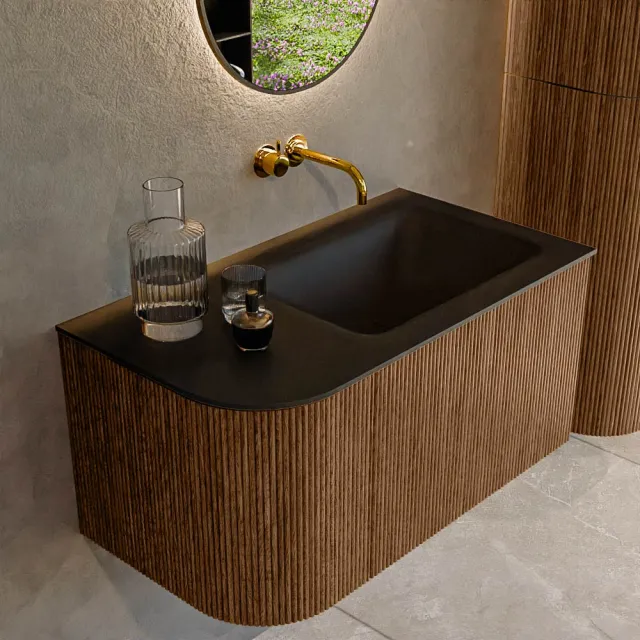 Mondiaz KURVE 85 cm Onderkast Greeploos 1 Lade Met Deuren Walnut, Wastafel Solid Surface Rechts Urban 1 Kraangat Zonder Spiegel (KRVCLO85L1L1D1KR-Wal/Urb)