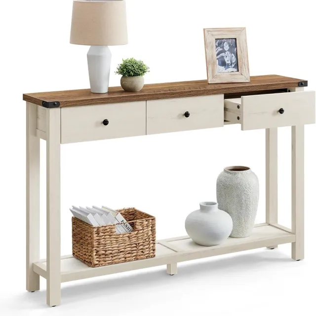 Conway Living Sidetable met 3 Lades en Plank - Smalle Wandtafel - Landelijke Stijl - 120x24x76 cm - Honingbruin / Vintage Wit