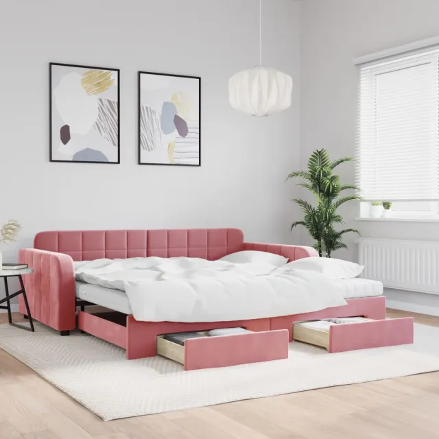 vidaXL Slaapbank met onderschuifbed en lades 100x200 cm fluweel roze