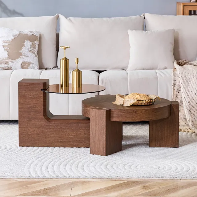 STILVORA Salontafelset - Deelbaar Rond Met Dubbele Etage En Opbergruimte - Flexibel Voor Woonkamer En Balkon - MDF En Bruin Glas - 61 Cm Notenhout