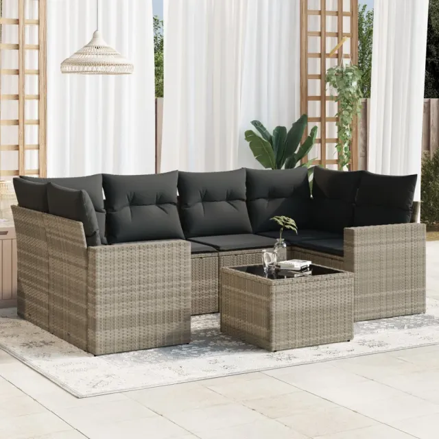 vidaXL 7-delige Loungeset met kussens poly rattan lichtgrijs grijs, foto 2