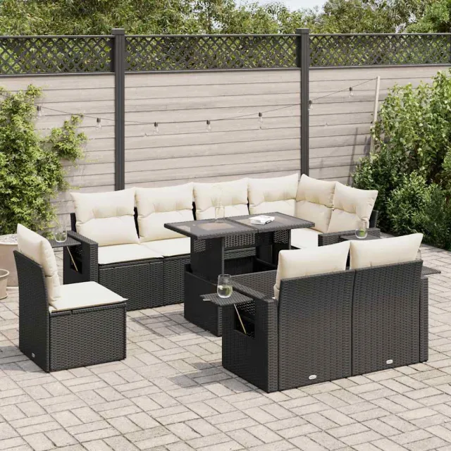 vidaXL 9-delige Loungeset met kussens poly rattan zwart, foto 2