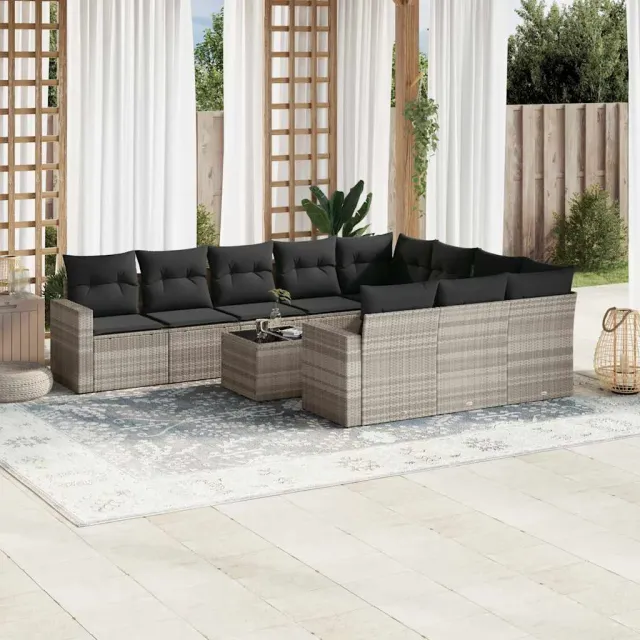 vidaXL 11-delige Loungeset met kussens poly rattan lichtgrijs grijs, foto 2