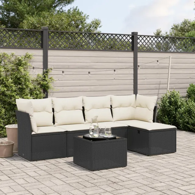 vidaXL 6-delige Loungeset met kussens poly rattan zwart, foto 2