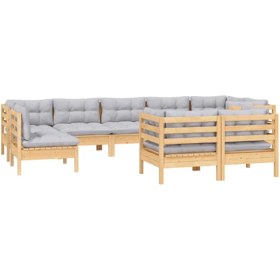 vidaXL 9-delige Loungeset met grijze kussens massief grenenhout Grijs