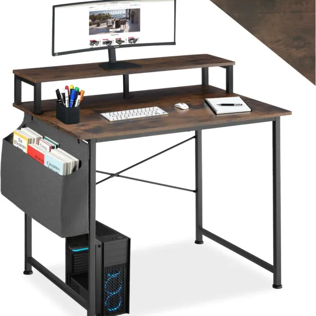 Tectake Bureau met opbergtas en monitorstandaard - Computerbureau - Houten bureaublad - Industrieel design - Zwart metalen frame - Afmetingen (LxBxH) 120 x 55x 90 cm - Donkerbruin