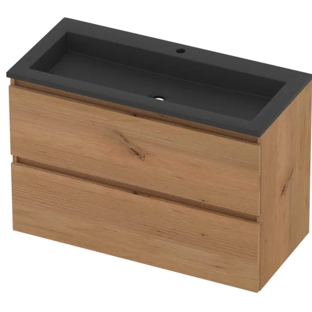 Basic-Line Aura 46 Badmeubelset Acryl 1 Kraangat Greeploos 100x46x62 cm Whisky Oak Mat Zwart