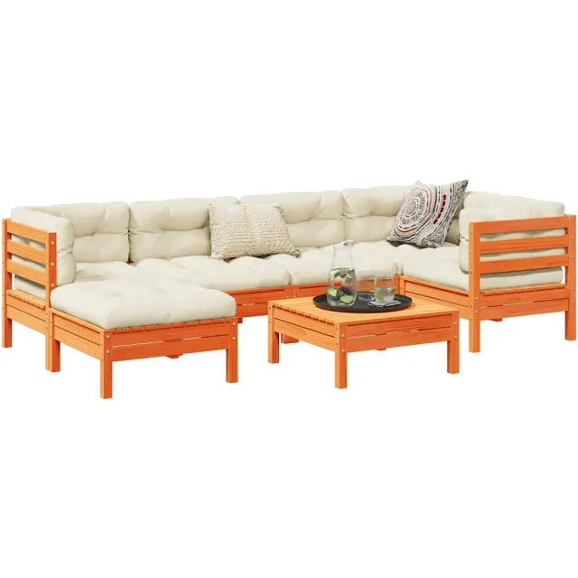 vidaXL 7-delige Loungeset met kussens massief grenenhout wasbruin