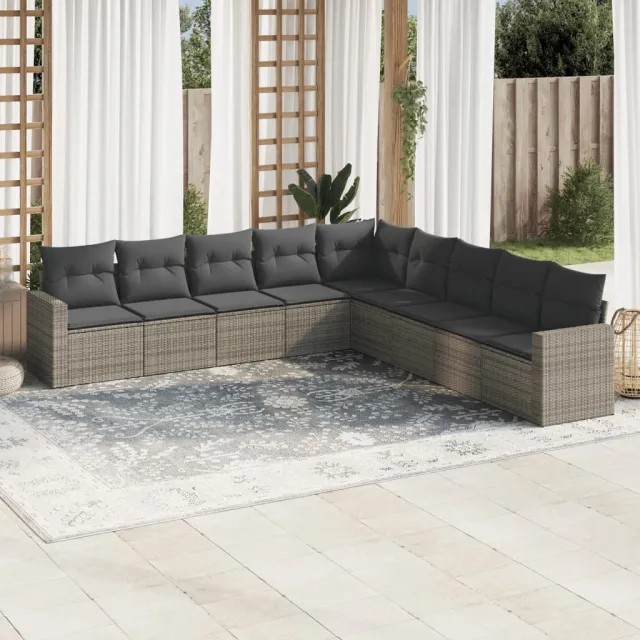 vidaXL 9-delige Loungeset met kussens poly rattan grijs, foto 2