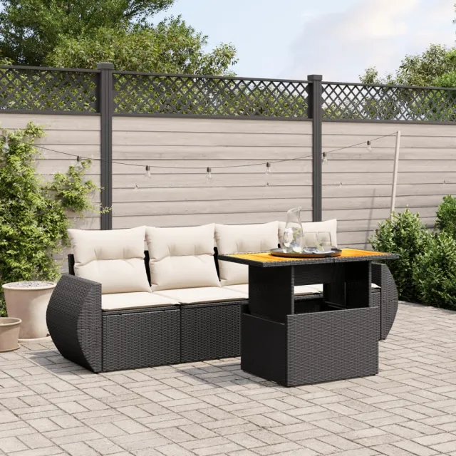 vidaXL 5-delige Loungeset met kussens poly rattan zwart, foto 2