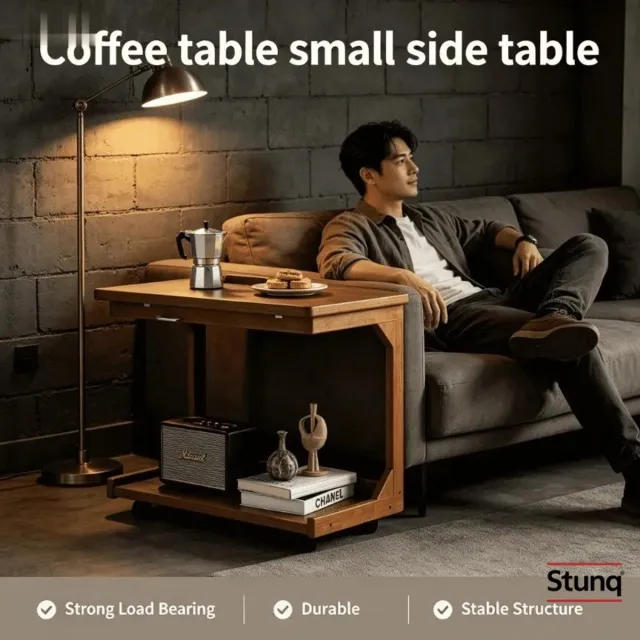 Stunq C-vormige salontafel van massief hout, walnoot, met draaibaar blad en wielen Bruin