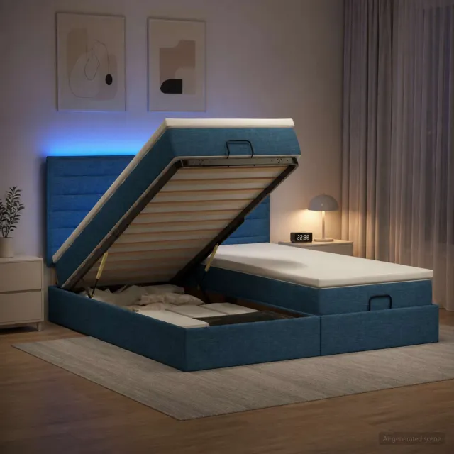 vidaXL Ottoman Bed met Matrassen en LED Blauw 200 x 200 cm Stof