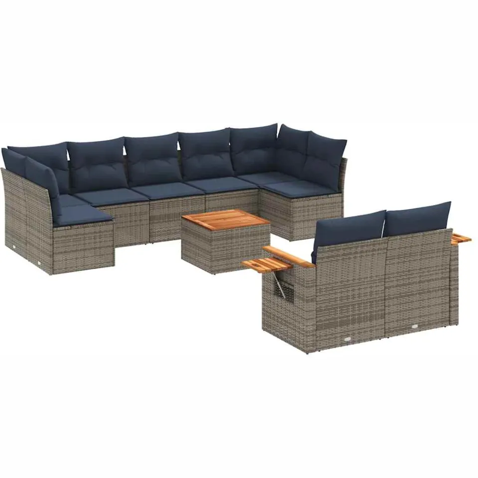 vidaXL 10-delige Loungeset met kussens poly rattan grijs