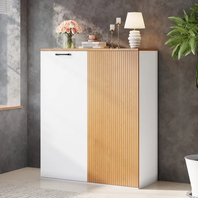 HAUSS SPOLE Opbergkast - Twee Deuren Met Zachtsluitende Scharnieren - Voor Kantoor En Woonkamer - MDF - 80x40x110 Cm - Wit En Eikenkleur Wit en eikenhoutkleur