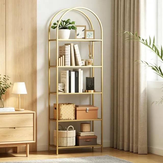 MODENUIT Boekenkast - 5 Glazen Planken - Woonkamer En Kantoor - Staal En Gehard Glas - Goud - 60x30x175 Cm