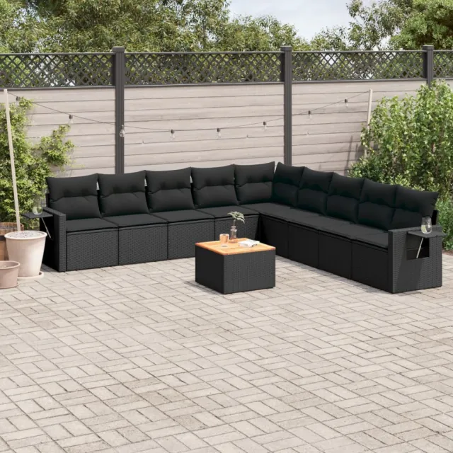 vidaXL 10-delige Loungeset met kussens poly rattan zwart, foto 2
