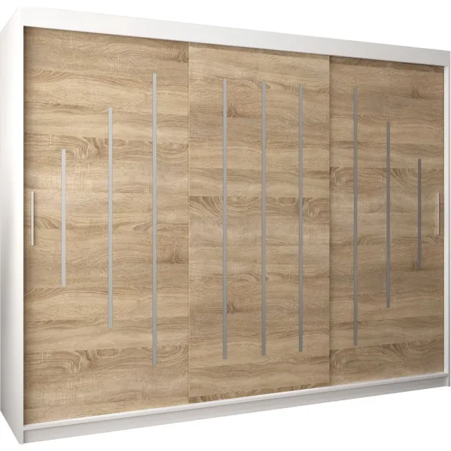 InspireME Kledingkast met 3 schuifdeuren, Modern-stijl, Een kledingkast met planken (BxHxD): 250x200x62 - MALTESE 250 Wit Mat + Sonoma Eik