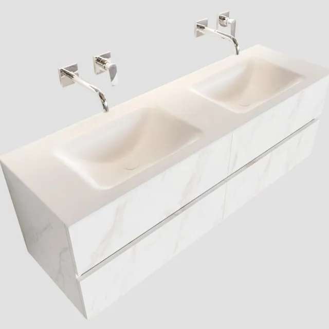 Boss & Wessing Badkamermeubel BWS Valencia Carrara Mat 150 cm Solid Surface Wastafel Rechthoekige Wasbak Dubbel (0 kraangaten, 4 lades)