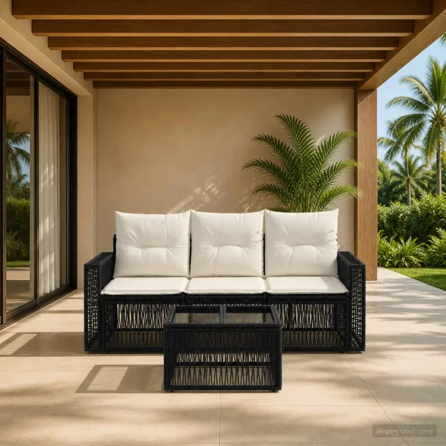 vidaXL Tuinbankenset 4 st 3-zits Zwart en Cream Wit poly rattan, foto 2
